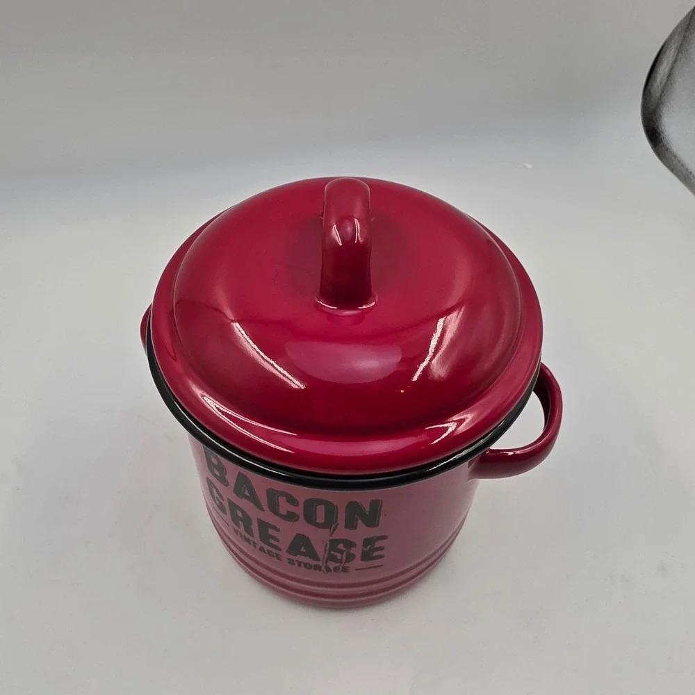 Red Enamelware Bacon Grease Vintage Storage Canister Lid Farmhouse Kitchen T3